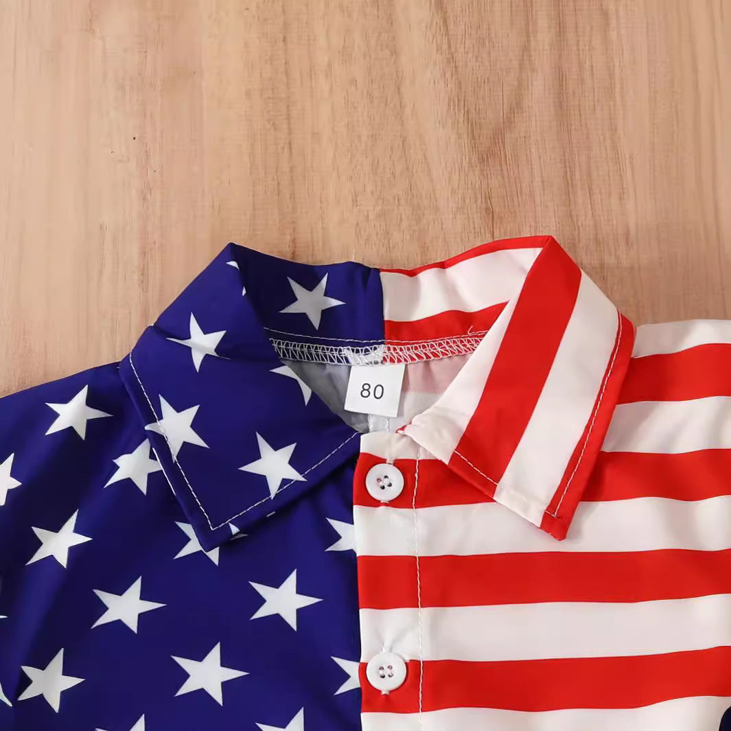 夏の軽やかおしゃれが完成する 男の子半袖シャツ＆ショートパンツセット 星柄×ストライプ コットン 80〜120cm