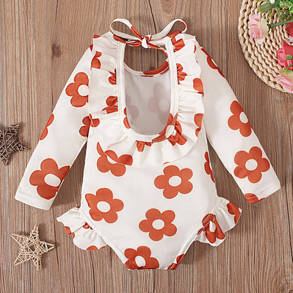 ベビー女の子 長袖UVラッシュガードワンピース水着 花柄 オープンバック フリル付き 70cm・80cm・90cm・100cm・110cm