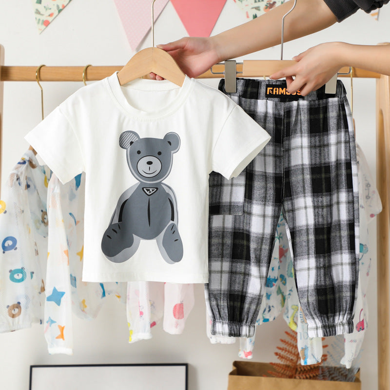さらっと動きやすい 男の子半袖Tシャツ＆チェックパンツ上下セット くまプリント コットン 80~110cm
