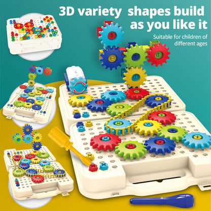 「3D variety shapes build as you like it」の文字とともに、複数のボード上で立体ギアタワーや平面模様を作った作品例が並ぶギア組み立ておもちゃ
