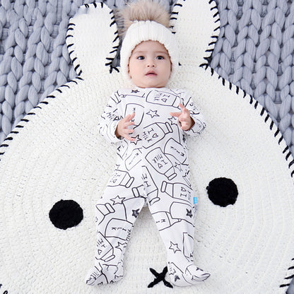 春秋にちょうどいいやさしい着心地 男の子ベビー長袖カバーオール ミルクボトル＆星プリント コットン100% 59~80cm