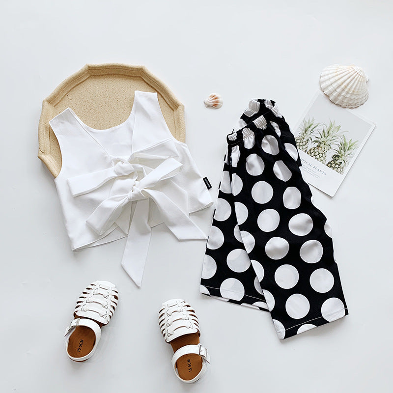 後ろ姿まで可愛く決まる 女の子ノースリーブトップス＆ワイドパンツセット バックリボン×ドット柄 ポリエステル 80〜130cm