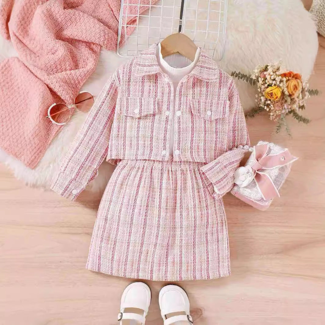 きちんと上品に写真映えする 女の子チェック柄ジャケット×タートルネック×スカート3点セット コットン ピンク・ブルー 4〜7歳