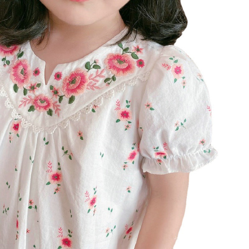 可憐な刺繍で上品にきまる 女の子半袖ワンピース チェック・小花柄 コットン100% 身長95~130cm対応