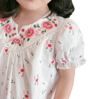 可憐な刺繍で上品にきまる 女の子半袖ワンピース チェック・小花柄 コットン100% 身長95~130cm対応