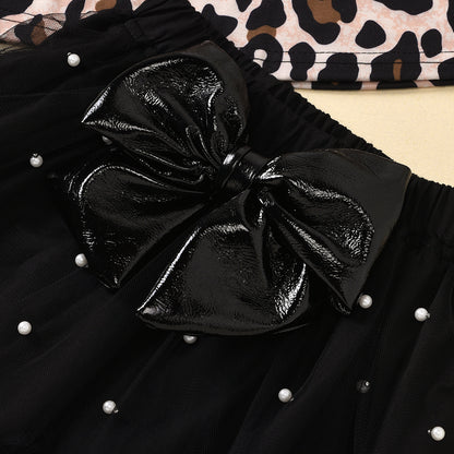 ふんわりチュールで特別感が叶う 女の子レオパード柄長袖トップス＆チュールスカートセット ビッグリボンデザイン 90~130cm