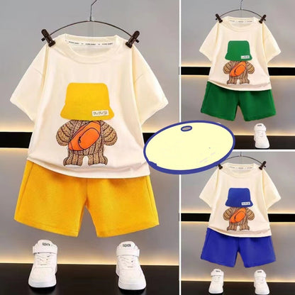 さらっと軽やかに夏コーデが完成する 子ども半袖Tシャツ＆ショートパンツ上下セット バケットハット風ベアプリント ポリエステル素材 80~150cm