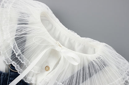 上品レースビッグ襟が映える 女の子デニムジャンパースカート＆長袖ブラウスセット コットン混 80〜110cm