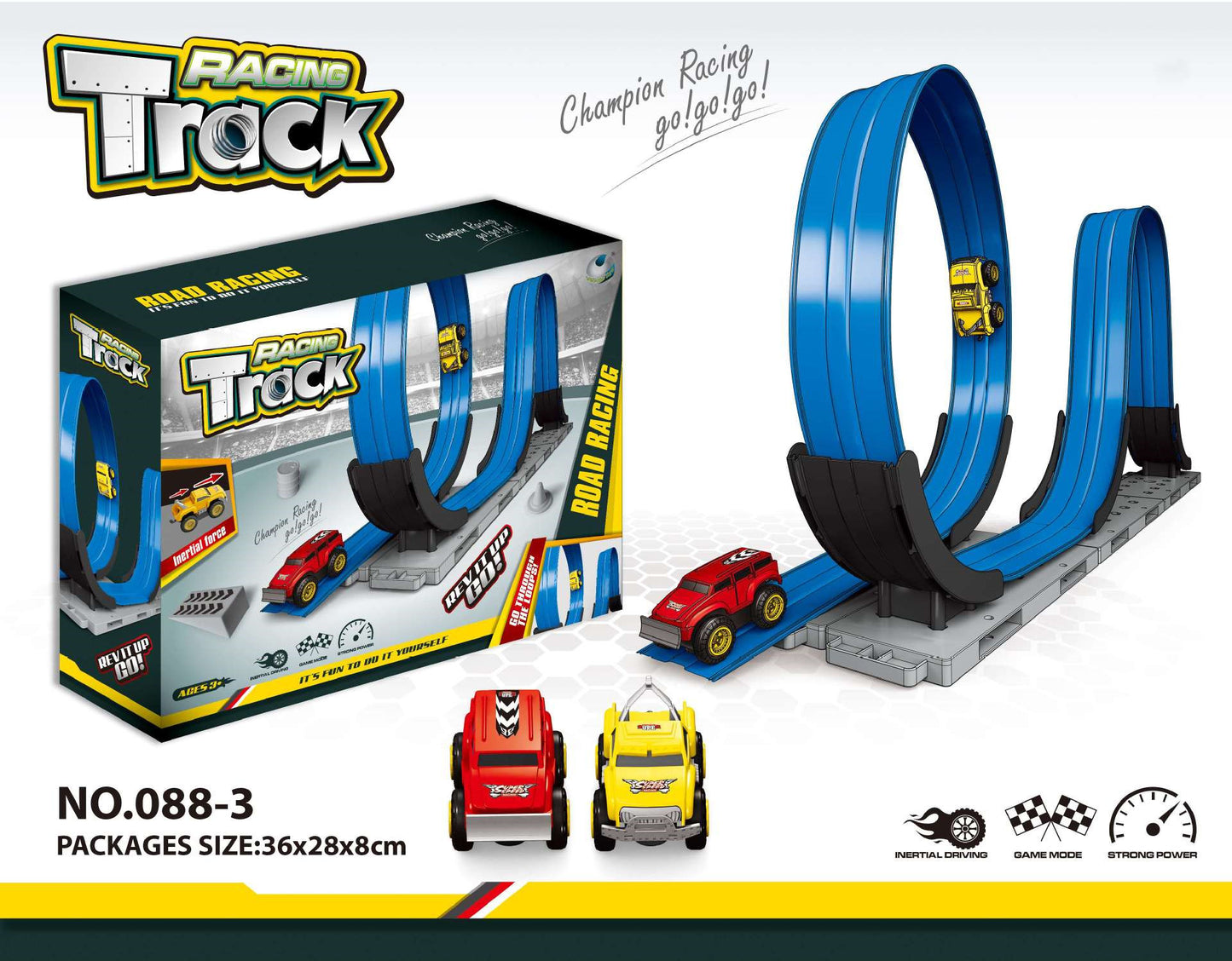 レールパーツとスタート台、レーシングカーが床の上に並べられたセット内容イメージ
