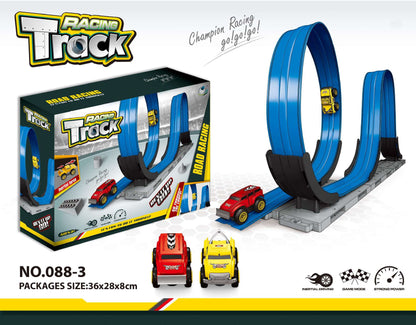 レールパーツとスタート台、レーシングカーが床の上に並べられたセット内容イメージ
