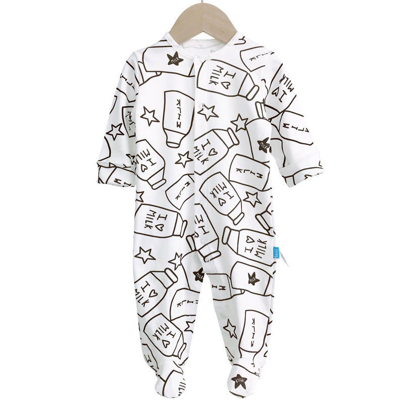 春秋にちょうどいいやさしい着心地 男の子ベビー長袖カバーオール ミルクボトル＆星プリント コットン100% 59~80cm