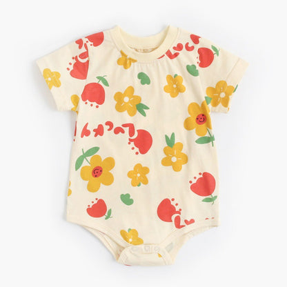さらっと快適に夏を過ごせる 赤ちゃんユニセックス半袖ロンパース カートゥーン柄 コットン アプリコット花柄・ピンクくま 0〜3歳