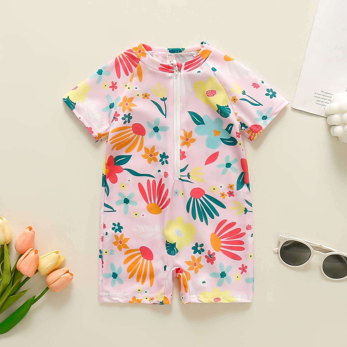 ベビーひまわり花柄 スイムロンパース水着｜半袖ラグラン・ユニセックス 70・80・90・100・110cm