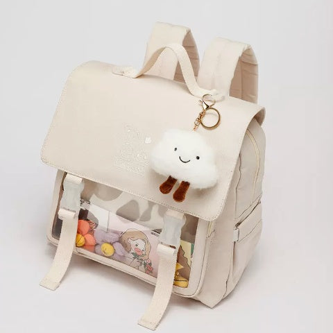 【13インチPC対応】防水ナイロン通学バックパック 30×14×29cm｜フラップ×ファスナーで中身が整うスクエアリュック（オフホワイト）