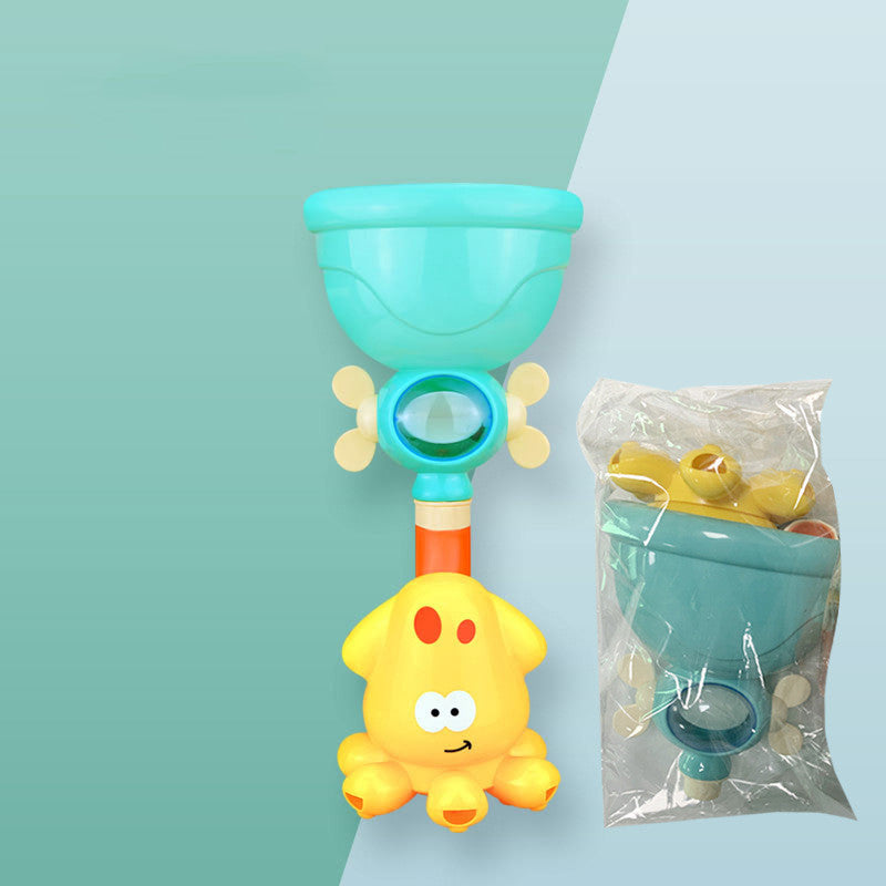 ブルーのカップとクジラアーム カニ イカパーツが縦一列に配置されたウォーターパークおもちゃ単体の正面写真
