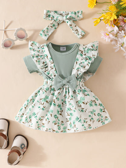 ふんわりおめかしが一瞬で完成する 女の子ロンパース付きサスペンダースカート3点セット 花柄リボンヘアバンド ニット素材 ポリエステル 0〜18ヶ月