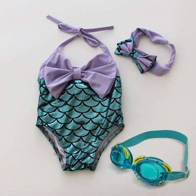 マーメイド柄 リボンホルターネック ワンピース水着 ヘアバンド付き パープル 2歳〜7歳