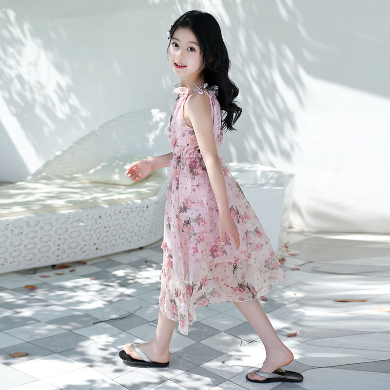 お姉さん見えでさらっと上品 ジュニア女の子花柄ワンピース ノースリーブ シフォン ピンク 120~160cm