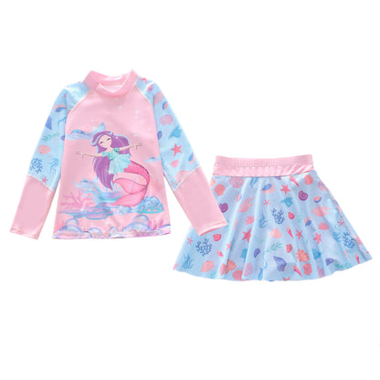 キッズ女の子 マーメイド柄 長袖ラッシュガード上下セット スカート付きセパレート UV対策 速乾ポリエステル 3〜13歳