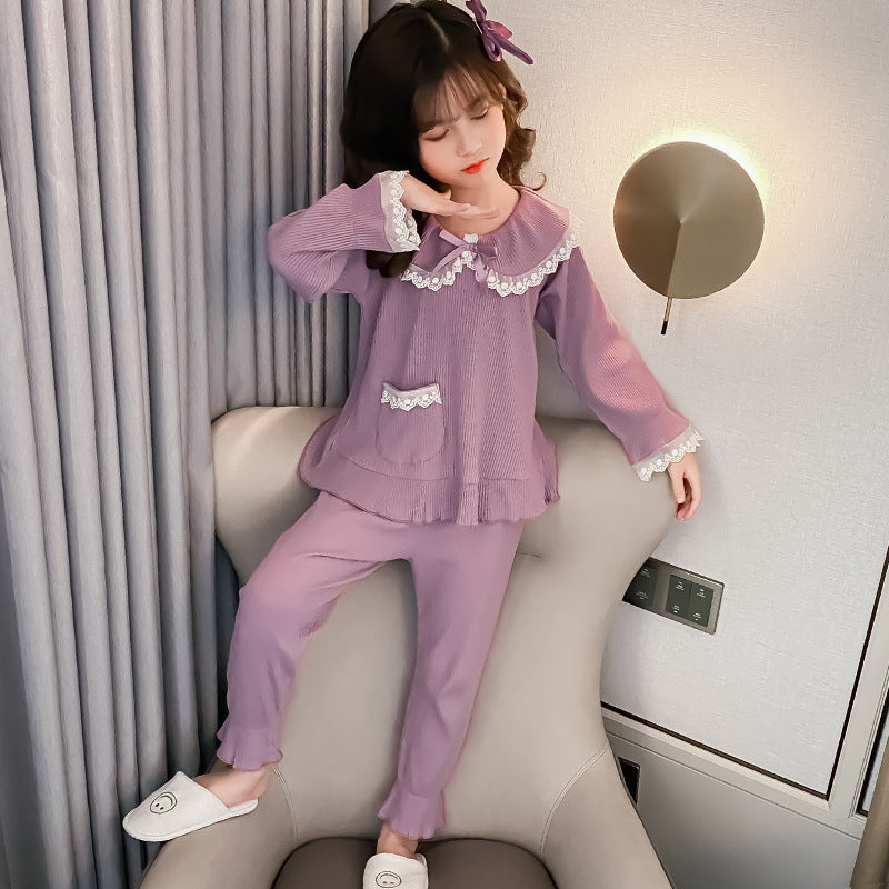 上品に可愛くくつろげる 女の子長袖ルームウェア上下セット レース襟リボンデザイン ソフト加工生地 120~170cm