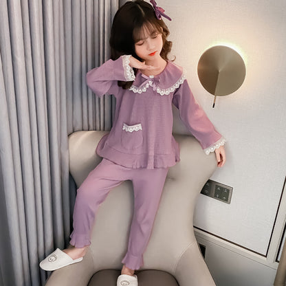 上品に可愛くくつろげる 女の子長袖ルームウェア上下セット レース襟リボンデザイン ソフト加工生地 120~170cm