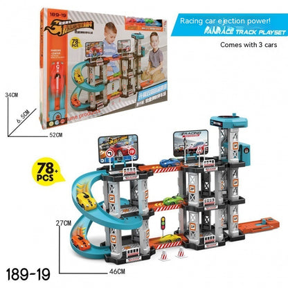 立体タワーコースとミニカーがセットになったカートラックセット商品イメージ

