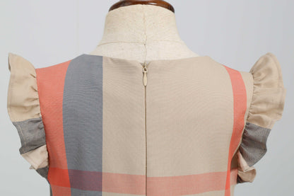 上品マルチチェックで写真映えする 女の子フリル袖ワンピース ピュアコットン 90~140cm