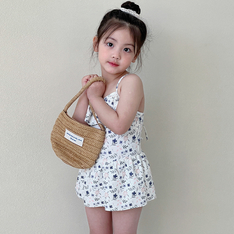 【スイムキャップ付き】キッズ女の子 フリルスカート一体型ワンピース水着 花柄・パープル｜日差し対策・塩素に強い・吸汗速乾・通気性 2-10歳