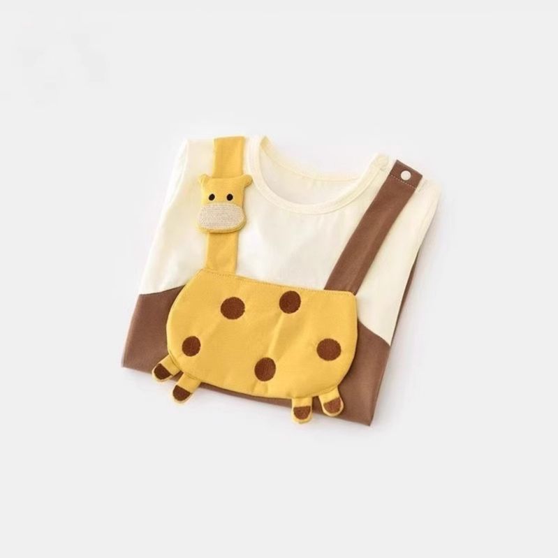 毎日がもっと可愛くなる 赤ちゃん半袖ロンパース キリンモチーフ オーバーオール風デザイン コットン 66~90cm