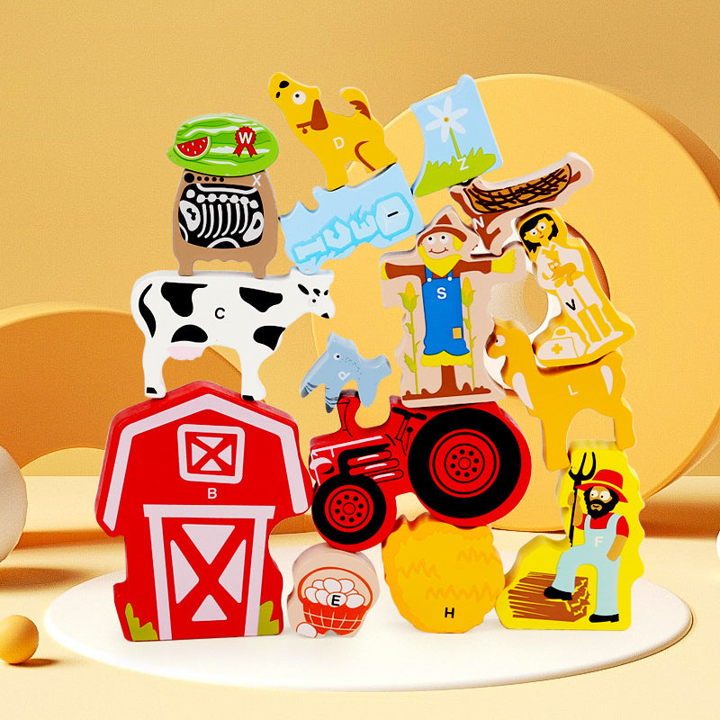 ファームテーマの立体ピースを積み上げた完成例イメージ（納屋・トラクター・動物）
