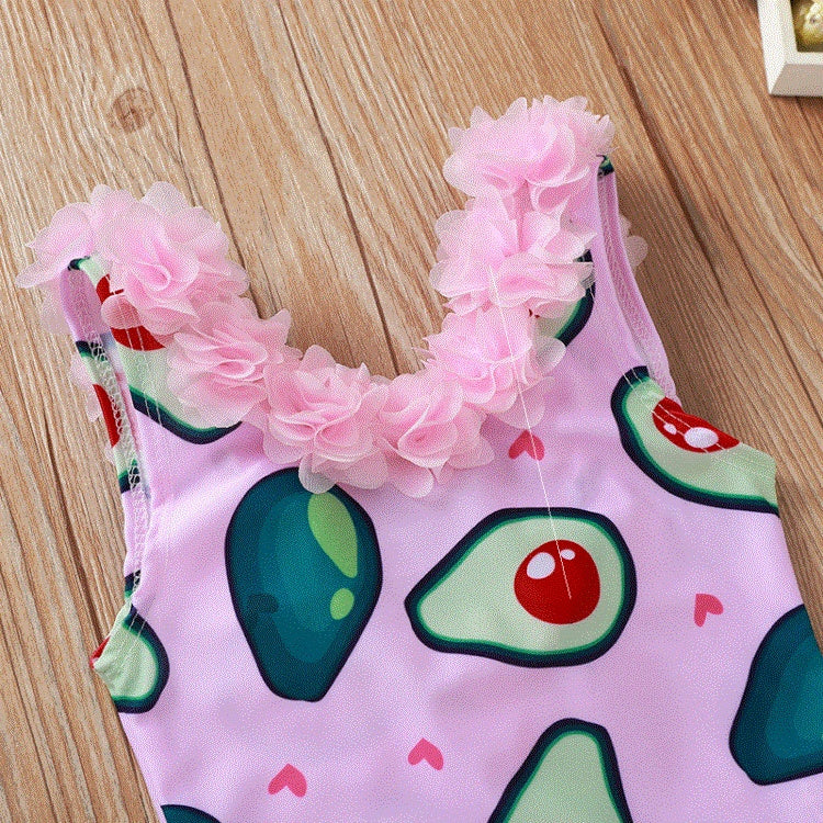 アボカド柄 ピンク キッズワンピース水着｜フラワーネックデザイン・80〜120cm