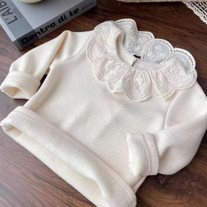 ベージュレース襟コットン裏起毛トップス | Beige Lace Collar Cotton Fleece-Lined Baby Top Lumisei Prime