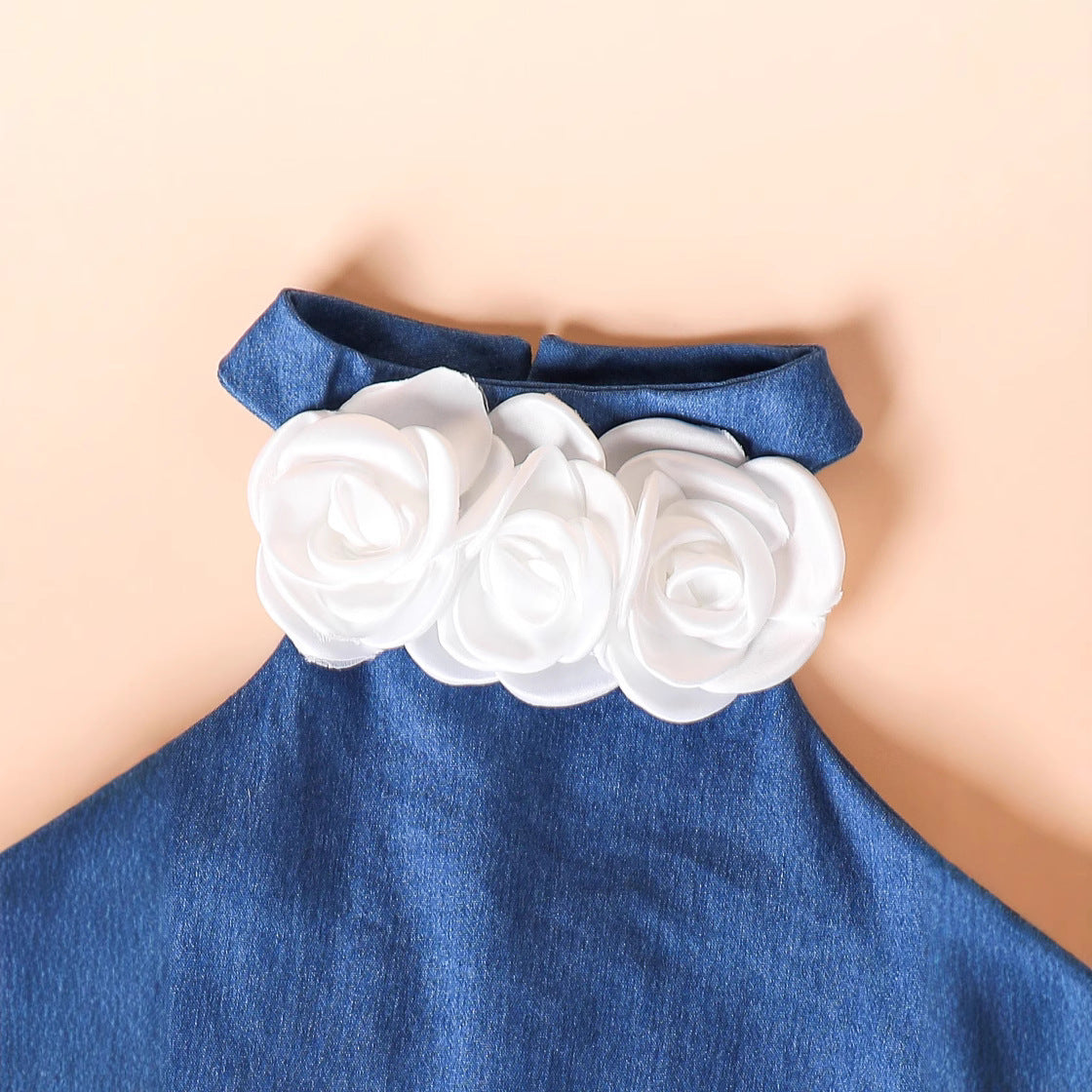 立体フラワーで上品に映える 女の子トップス＆スカートセット ブルー無地デザイン コットン素材 2〜7歳