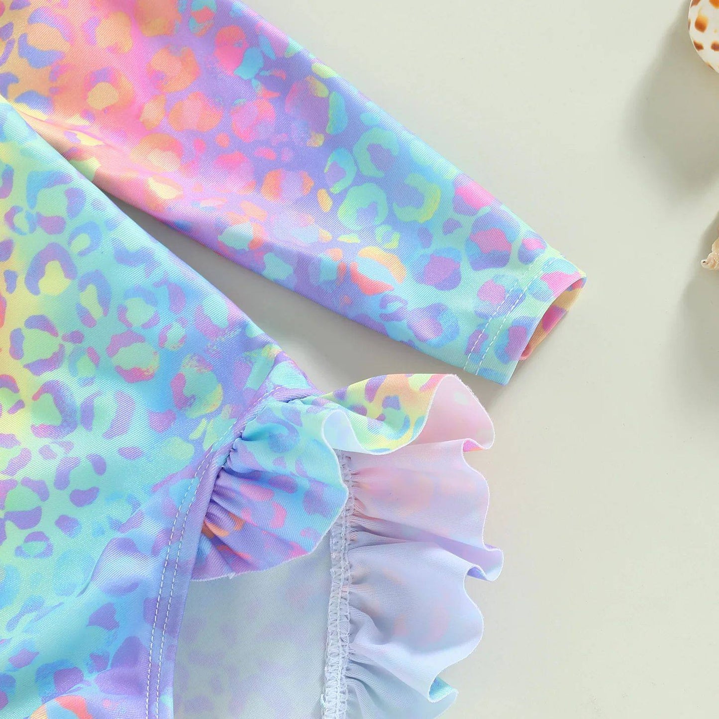 女の子 18ヶ月〜6歳 長袖ジップアップ フリル付きワンピース水着｜ブルーピンクレオパード×フィッシュスケールプリント