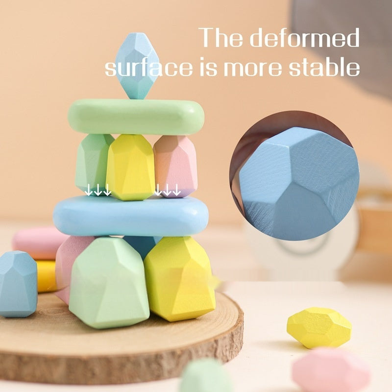 凹凸形状で安定しやすい木製バランスストーン 積み重ねイメージ
