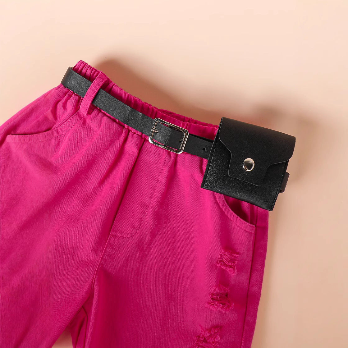 甘さをひとさじプラスできる 女の子半袖Tシャツ＆デニムショートパンツ＆ベルトセット チュールリボンデザイン コットン素材 4~7歳