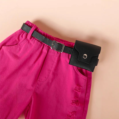 甘さをひとさじプラスできる 女の子半袖Tシャツ＆デニムショートパンツ＆ベルトセット チュールリボンデザイン コットン素材 4~7歳