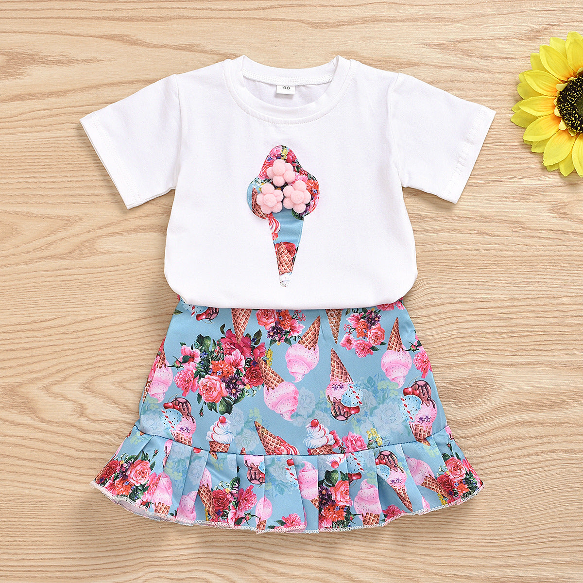 さらっと着心地でおめかしが完成する 女の子半袖Tシャツ＆マーメイドスカートセット アイスクリーム花柄プリント コットン 90~130cm