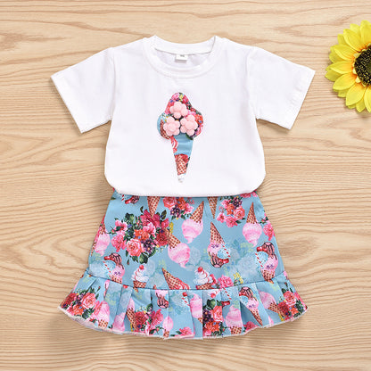 さらっと着心地でおめかしが完成する 女の子半袖Tシャツ＆マーメイドスカートセット アイスクリーム花柄プリント コットン 90~130cm