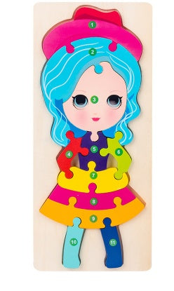 女の子デザイン 木製パネルパズル マルチカラー 数字ピース 立体知育
