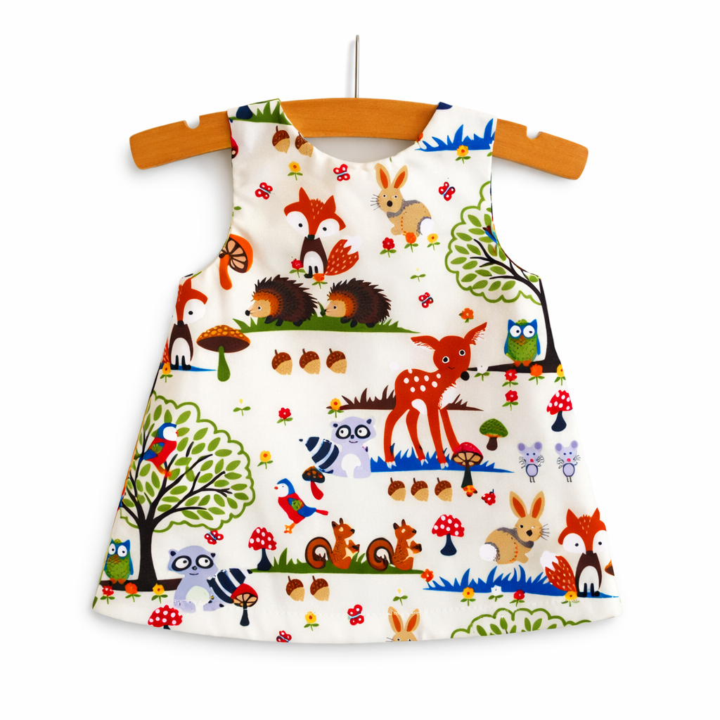 夏のおでかけが可愛く決まる 赤ちゃん女の子ノースリーブワンピース 森のアニマル柄 コットン ブルマ＆ドットヘアバンド3点セット 70〜100cm