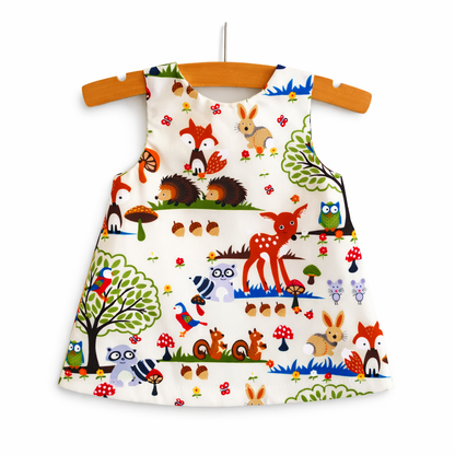 夏のおでかけが可愛く決まる 赤ちゃん女の子ノースリーブワンピース 森のアニマル柄 コットン ブルマ＆ドットヘアバンド3点セット 70〜100cm