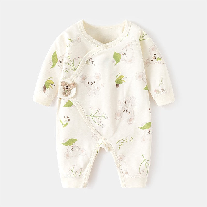 コアラの顔モチーフがポイントになったベージュカラーのロングロンパース
