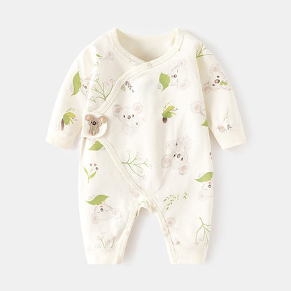 コアラの顔モチーフがポイントになったベージュカラーのロングロンパース
