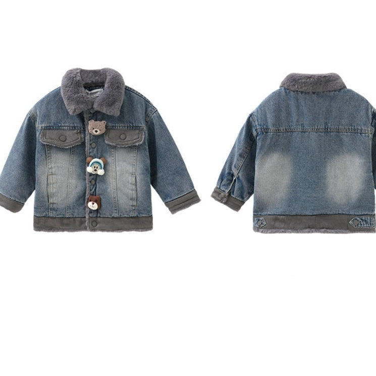 風を通しにくく冬もあたたかい 男の子デニムジャケット くまモチーフ付き ボア襟フリース裏地 綿混デニムブルー 90~150cm