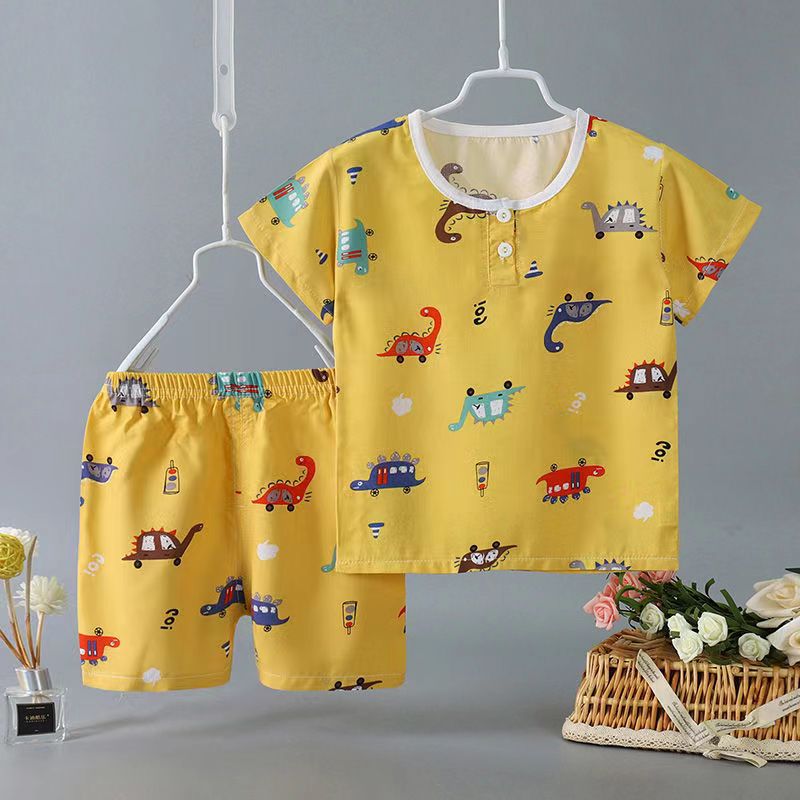 さらっと軽やかに夏を楽しむ 子ども半袖Tシャツ＆ショートパンツ上下セット 恐竜カートゥーンプリント ポリエステル 薄手 90~150cm
