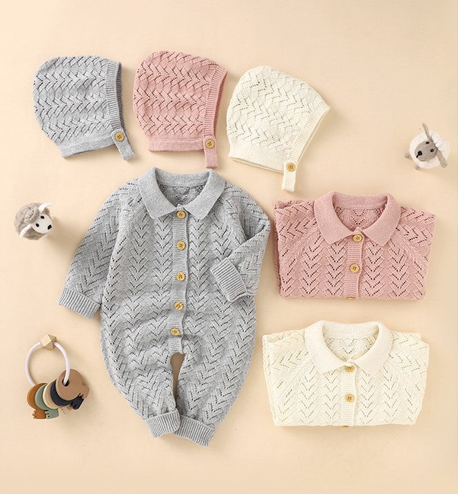 襟付きヨーロピアンスタイルのベビーニットロンパース
