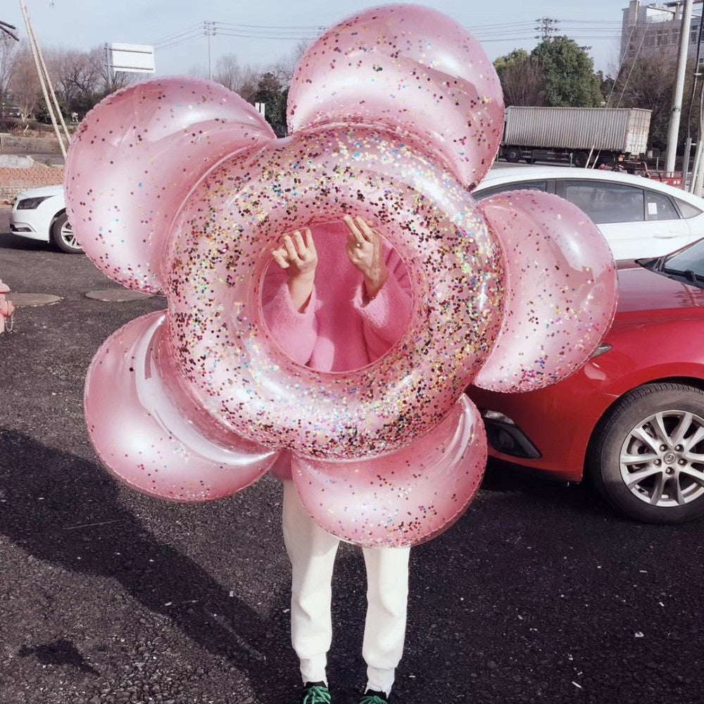 スパンコール入りフラワー浮き輪｜内径140cm ゴールド・ピンク 透明感リング 夏のプール・海あそびに