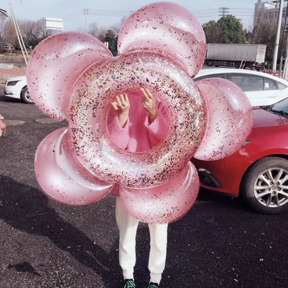 スパンコール入りフラワー浮き輪｜内径140cm ゴールド・ピンク 透明感リング 夏のプール・海あそびに