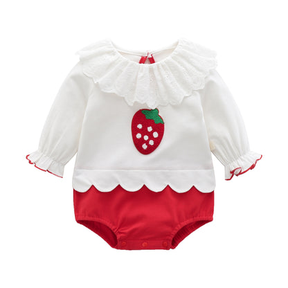 レッド大いちごの長袖コットンボディスーツ フリル襟といちごモチーフの正面イメージ

